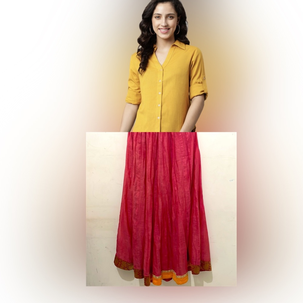 Cotton red skirt with brocket border in red yellow slip on skirt with flare - Picture 8 of 8